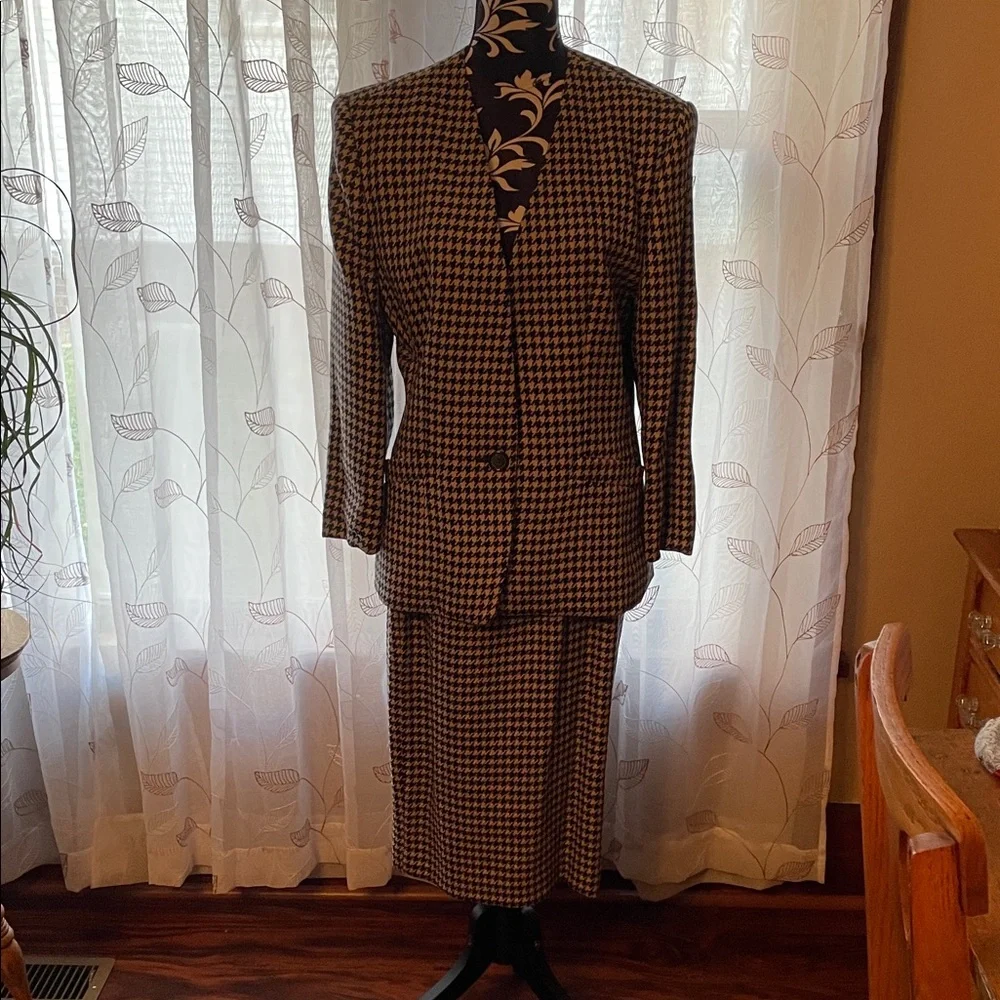 Evan-Picone Thoroughbreds Mohair Wool Houndstooth Skirt Suit Set Tan Black 6 NEW